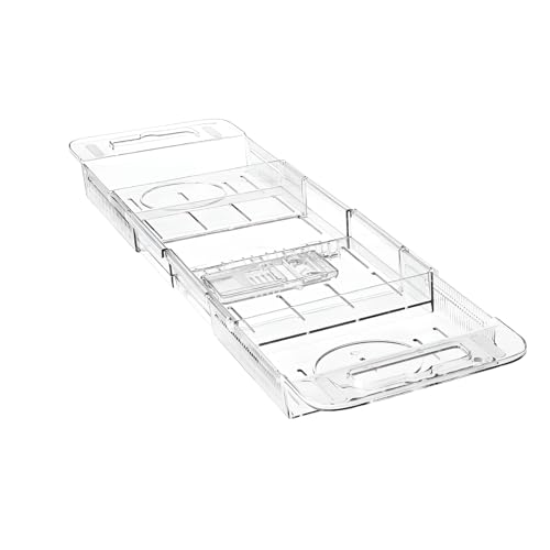 [pronala]バスタブトレー 伸縮式浴槽トレー 幅20cm伸縮56.5-80cm対応 耐水ABS樹脂製 滑り止め溝付き タブレット/飲料同時置き可能 折りたたみ可能 透明 耐荷重5kg 追劇/リラックス対応 浴室収納マルチスタンド