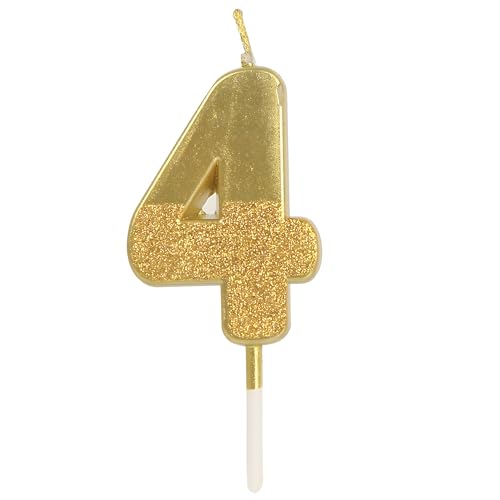 Image of Birthday Number Candles 4 for Kids Cake Topper Decoration Sparkle Gold Metallic Drip-Resistant Candles for Wedding Anniversary Graduation Retirement Four Year Celebration Size 5 x 3.5 cm