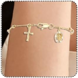 J&H DiaJuvelo Rosary Bead Cross Bracelet 14k Gold Plated Virgin Mary Bracelets Non Tarnish Religious Catholic Virgen de Guadalupe Jewelry Catolicos Rosarios Confirmation Baptism Charm Gifts for Women