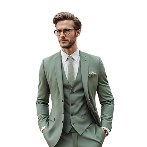 Generic Men's 3 Piece Slim fit Suit Sage Green Wedding 3pc Groom Dress Blazer Vest Pant Set