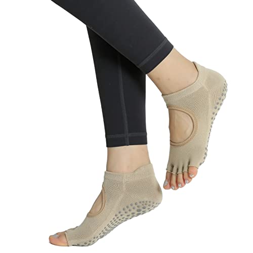 Image of Yoga Pilates Toe Socks Toeless Socks with Grips for Women Non Slip Cushioned Low Cut Ankle Socks for Dance