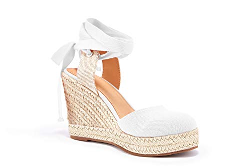Image of FISACE Womens Summer Espadrille Heel Platform Wedge Sandals Ankle Buckle Strap Closed Toe Shoes