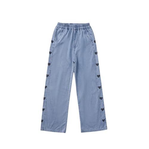 Girls Wide Leg Jeans Heart Print Elastic Waist Solid Pants 𝗙lowy Summer Casual Comfy Trousers with Pocket