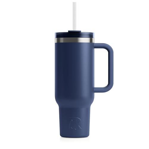 RTIC 40 oz Road Trip Tumbler Double-Walled Insulated Stainless Steel Portable Travel Coffee Mug Cup with Lid, Handle and Straw, Ceramic-Lined, Navy