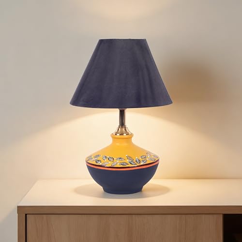 Image of AAKRITI ART CREATIONS Terracotta Table Lamp for Study Room, Bedroom & Living Room Decoration | Floral Dual Tone Contemporary Bedside Lamp with Cotton Fabric Shade | Aesthetic Night Lamp