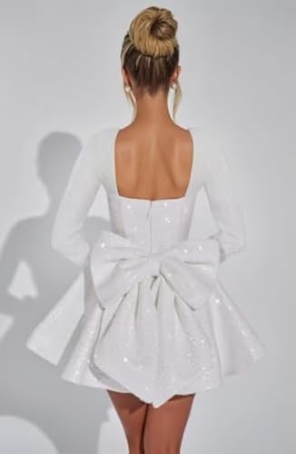 Sparkly Sequin Homecoming Dresses for Teens Long Sleeve Short Cocktail Prom Party Gown with Bow2