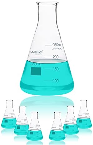 LABINVO 250ML Glass Erlenmeyer Flask, Narrow Mouth Graduated Conical Flask with Marking Spot, 6pcs of 3.3 Borosilicate Glass Flask Set, IN-EFN250