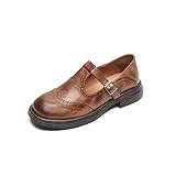 Women's Leather Mary Jane Oxfords Shoes Round Toe Flats Chunky Low Heels T-Strap Soft Leather Retro Loafer Shoes with Buckle (Brown,10)