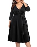 Picture of Plus Size Black Dress Wrap Spring Long Sleeve Wedding Guest Semi-Formal Fit&Flare Casual Party Fall Aline Midi Dress