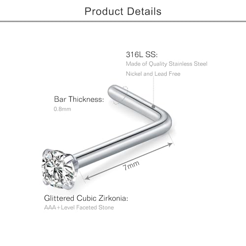 Mayhoop 20G Nose Rings Studs 316L Surgical Stainless Steel L Shape Bone Diamond Heart Corkscrew Nose Ring Nostril Piercing Jewelry For Women Men3