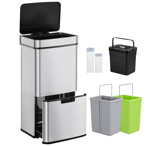 Hzuaneri Poubelle de Cuisine Automatique 72L, avec 4 Compartiments, Capteur de Mouvement, Ouverture Automatique ou Tactile, Fermeture Douce, Acier Inoxydable, 30 Sacs Poubelle, Argent SW37299E
