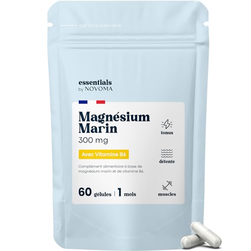 Magnésium Marin + Vitamine B6, Combat la Fatigue et le Stress, Cure de 1 mois, 60 Gélules Végétales, Magnesium Pur 300 mg/jour, Fabriqué en France,...
