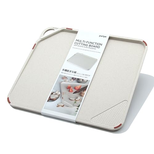 Cutting Board with Knife Sharpener & Garlic Grinder, Double-Sided Wheat Straw Plastic, BPA-Free, Multipurpose Kitchen Prep Board, Sand Beige