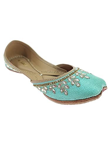 Image of Fulkari Women's Dolli Gold Genuine Soft Leather Embroidered Jutis | Bite and Pinch Free Jutti | Punjabi Formal Juttis | Girl's Wedding Flat Ladies Mojari | Formal Ethnic Juti |