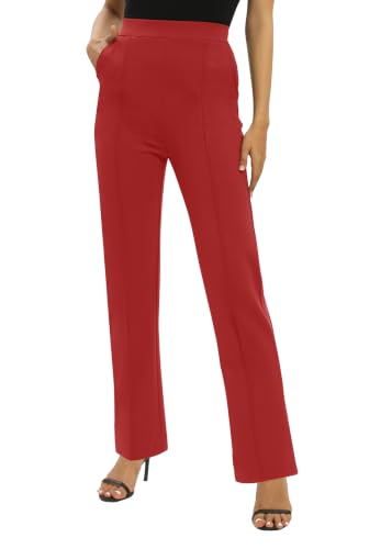 EXCHIC Damen Business Büro Gerades Bein Arbeits Hosen Freizeit Elastische Taille Hosen mit Taschen(L, Rot)
