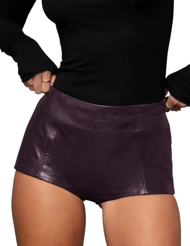 Hilltichu Women's Faux Leather Shorts High Waist Stretch Skinny Mini Shorts Sexy Hot Pants Dark Purple