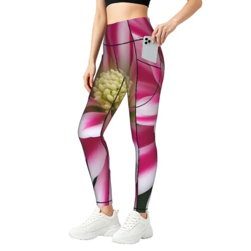 Leggings con estampado de flores rosas y blancas elásticos para deporte femenino