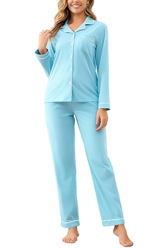 Image of 100% Cotton Pajama Sets for Women 2 Piece Long Sleeve Button Down Pjs Soft Comfy Ladies Sleepwear Lounge Sets S-XL