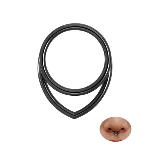 MissNity 16G 8mm Layered Hinged Septum Rings 316L Surgical Steel Double Hoop Pear Shape Clicker Hoop Septum Piercing Jewelry Daith Helix Cartilage Earrings Black