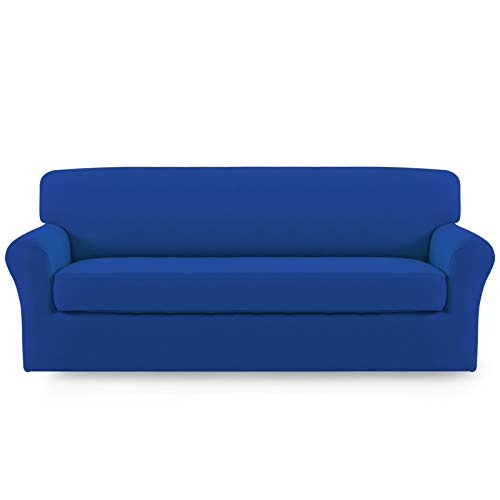 Image of Easy-Going 2 Pieces Stretch Couch Sofa Slipcover Washable | Spandex Soft Fitted Sofa Couch Cover for Sofa Furniture Protector with Bottom Kids,Pet Dog Classic Blue