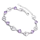 LALADEFIEE Pulsera para Mujer Cristales Naturales de Amatista, Doble Corazón, Cierre de Langosta, Cadena de Eslabones de Cobre Bañado en Plata y Rodio, Joyería Delicada para Uso Diario