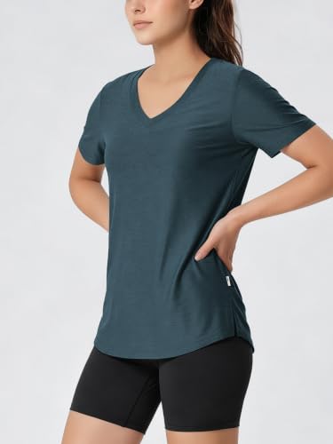 Image of ODODOS Women's Short Sleeve Performance V-Neck Tunic Tops, Ultra Soft odSTRATUM Tech Tee, Side Slit Relaxed T-Shirts