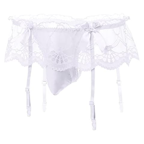 Men's Frilly Skirted Sissy Lace Thongs Panties Low Waist G-string Garter Belt Crossdressing Lingerie Underpants, White, One size Cover