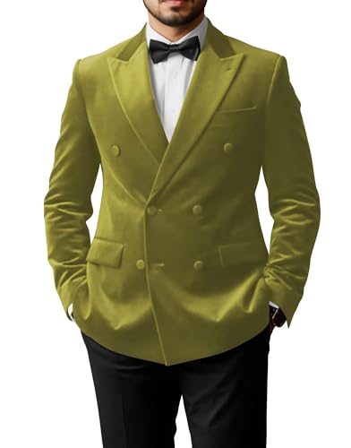 XDIELAN Tuxedo Men Velvet Blazer Slim Fit Double Breasted Dinner Party Tux for Men's Fashion Peak Lapel Wedding Prom Suit with Bow Tie for Teen Boys for Graduation Ceremony Medium Olive