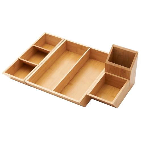 TRINITY EcoStorage 4-Piece Bamboo Desk & Drawer Organizer Set, Multi-Use Home & Office Storage Bins with Removable Compartment Dividers