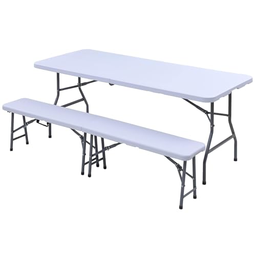 ガーデンマスター(Gardenmaster) 折りたたみ ガーデンテーブル&ベンチ 3点セットテーブル×1点&チェア2点セット お庭 テラス キャンプ BBQ イベント YHT-1875(WH)+YHB-1828(WH) ホワイト