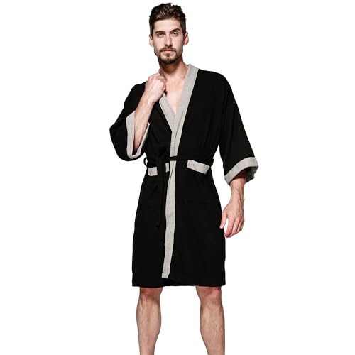 Haseil Men's Turkish Cotton Bathrobe Terry Cloth Kimono Robe Lightweight Waffle Robe Knee Length Bathrobe, Black, Medium