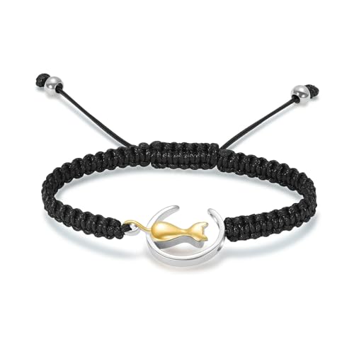 Pulsera de urna de cremación de Gato para Cenizas de Mascotas, Cuerda Trenzada Hecha a Mano, Brazalete Ajustable, Brazalete de urna de Acero Inoxidable, joyería Conmemorativa, Plata y Negro
