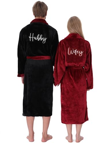 Jecery 2 Pack His and Hers Robes Gifts Hubby Wifey Flannel Embroidered Matching Robes Anniversary Wedding Gifts for Couples(Black,Red)