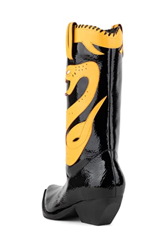 Jeffrey Campbell Kllr-Cobra Mid-Calf Snake Decal Western Boot Black Crinkle Pat Yellow (Black Crinkle Pat Yellow, 7) #TOP3