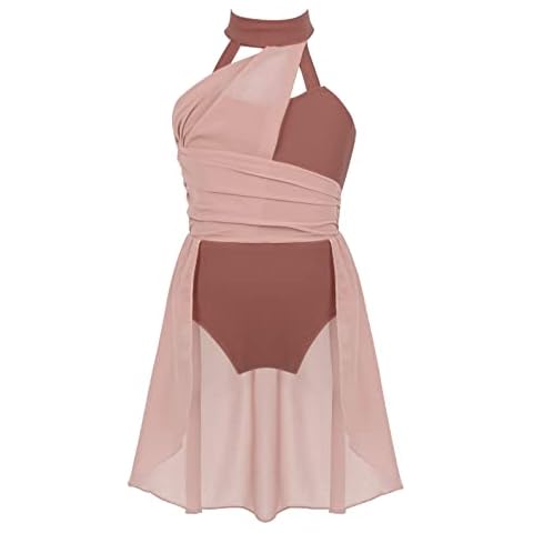 Yeahdor Kids Girls Lyrical Contemporary Modern Dance Dress Halter Cutout Back Chiffon Dress Ballet Skirt Leotard Dusty_Pink 11-12 Years Cover