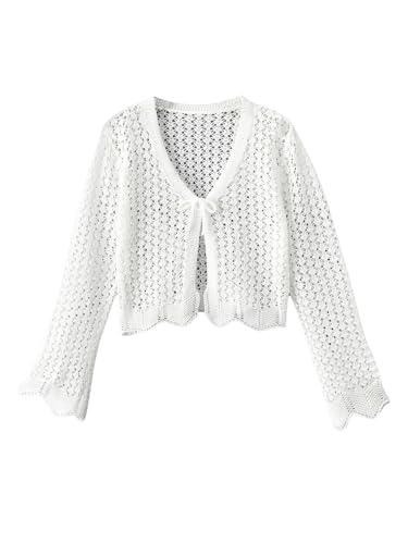 GORGLITTER Girl's Crochet Cropped Cardigan Knit Tie Front Tops Cute Long Sleeve Bolero Shrug Lightweight Sweaters Trendy 2025