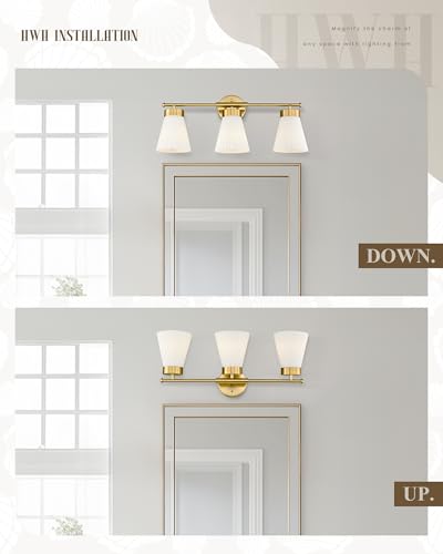 Image of Bathroom Light Fixture, HWH 3-Light Brushed Gold Vanity Lights for Bathroom Modern Vanity Sconce Lighting Over Mirror, Wall Lamp with Frosted White Striped Glass, 5HZG97B-3W BG
