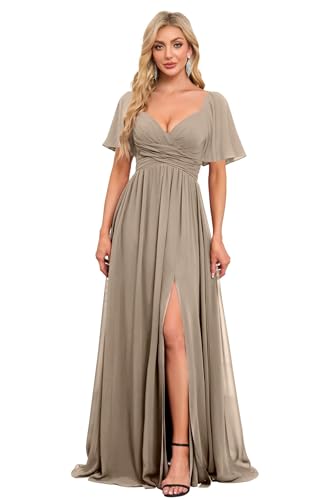 Image of Women's Flutter Sleeves Chiffon Bridesmaid Dresses with Slit Long A Line V-Neck Formal Party Dress with Pockets