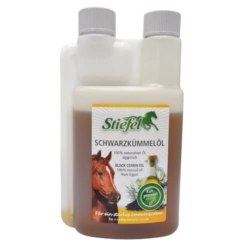 Stiefel Schwarzkümmelöl für Pferde, 100% naturreines Öl, kaltgepresst, kann Haut, Fell, Atemwege, Immunsystem & Verdauung unterstützen, Dosierflasche, 250 ml