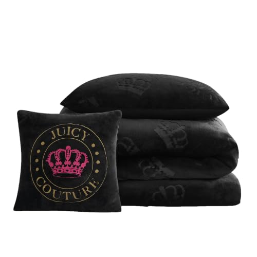 Image of Juicy Couture Plush Reversible Embossed Crown 3-Piece Twin /Twin XL Comforter Set with Decorative Pillow, Black