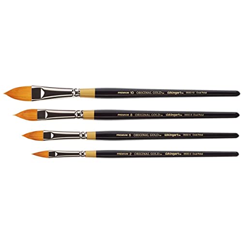 Kingart Original Gold 9930 Oval Floral Petal Series, Premium Golden Taklon Multimedia Artist Brushes, Set Of 4 #TOP2