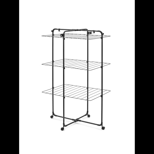 Brabantia HangOn Tendedero en Torre 23 M (Negro Mate), tendedero Vertical Que Ahorra Espacio, tenderete de Ropa Plegable con 3 Niveles de Secado, Ruedas y Ganchos