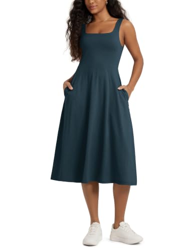 Image of ODODOS Square Neck Midi Dress with Pockets for Women Summer Casual Sleeveless Sundress Flare Tank Dress