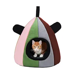 Mellifluous Luxurious Velvet Fabric Cat Pet Hut - Washable, Reversible Cushion (Small, Rainbow)