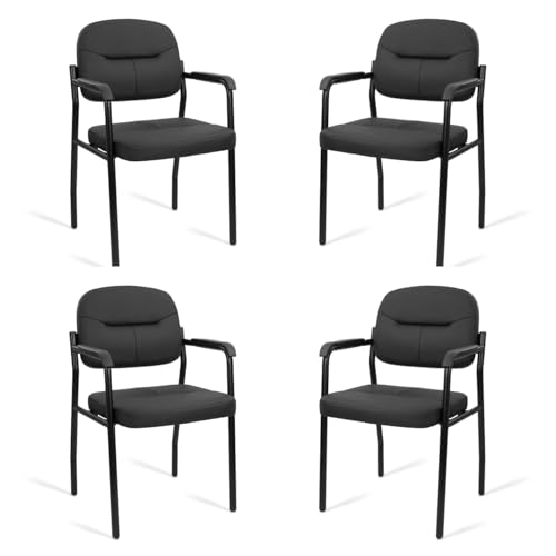 CLATINA Guest Reception Chair, Leather Office Waiting Room Chair with Arms and Padded Seat, Stationary Desk Chair No Wheels for Lobby Conference Room Home Study Medical Clinic, Black, 4pk