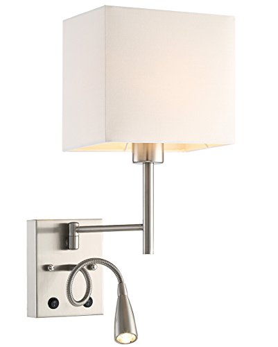 HomeFocus - Bedside Wall Light with LED Reading Lamp,Wall Light,Wall Lamp,Wall Sconces,Swing Arm Wall Lamp for Bedroom,Living Room,Hotel,LED 3W 3000K,Metal Satin Nickle,White Linen Shade.