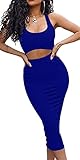 GOBLES Women's Sexy Summer Outfits Bodycon Tank Top Midi Skirt 2 Piece Dress Royal Blue