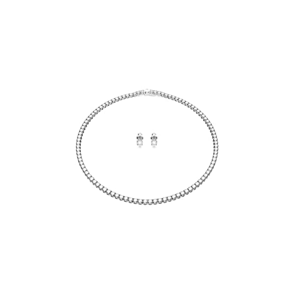Swarovski Matrix Tennis Jewelry Set, All-Round Necklace and Pierced Stud Earrings with Clear Crystals on a Rhodium Finished Setting, Part of the Matrix Tennis Collection