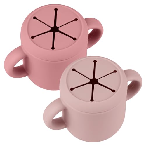 Image of Mintlyfe Snack Containers, Silicone Snack Cups for 6-12 Months Toddlers - Pack of 2 Food Grade Silicone Snack Cups with Grip Handle for Baby Led Weaning, Unbreakable (Blush/Mauve)