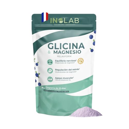 Inolab I Magnesio en polvo (2.93 g) y glicina pura en polvo (3g) I Antiestrés y Sueño I Alternativa vegana al colageno con magnesio I Bebida con delicioso sabor natural a arándano 